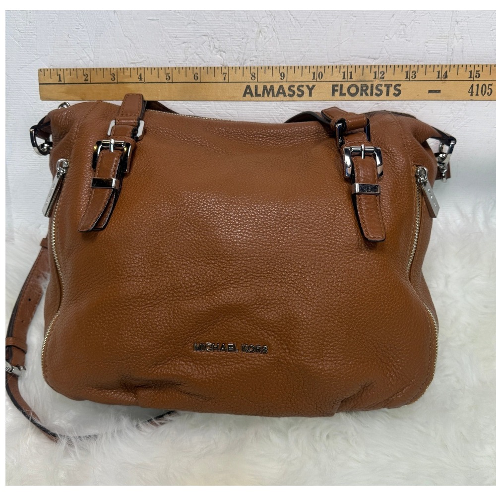 Michael Kors Bedford Brown Pebbled Leather Hobo Shoulder Bag Silver Hardware - Picture 4 of 14